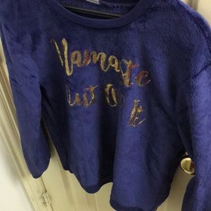 Fuzzy top ‘NAMASTE OUT OF IT’